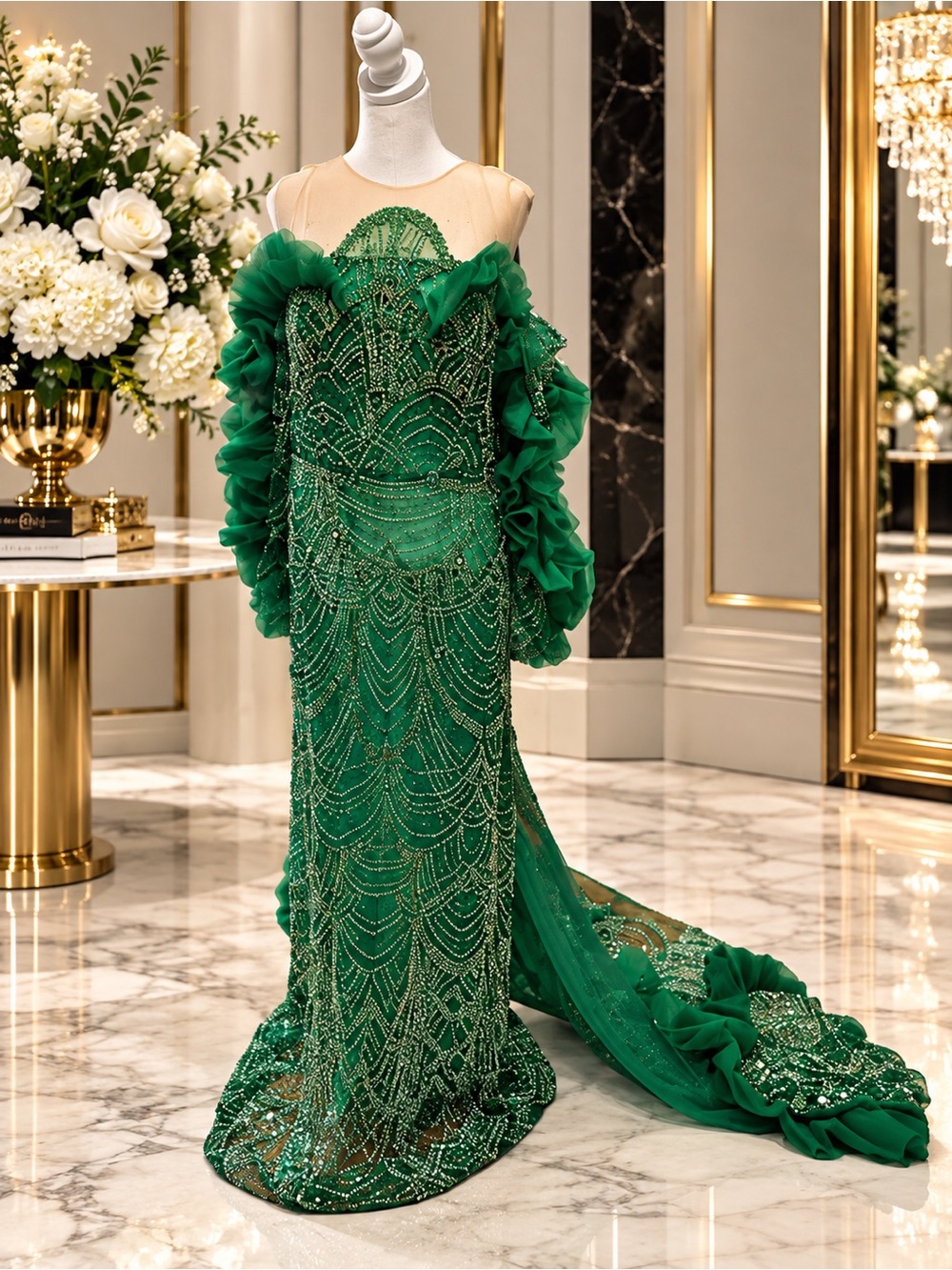 Elegant Green Beaded Gown